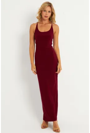 Kadın Bordo Ayarlanabilir Askılı Maxi Elbise MEN2004