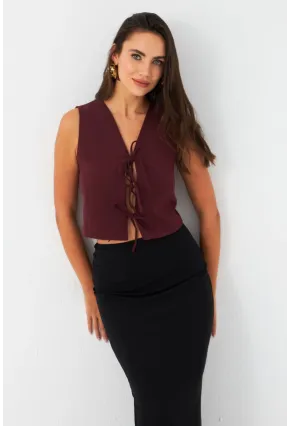 Kadın Bordo Bağlama Detaylı Astarlı Yelek ELA6645