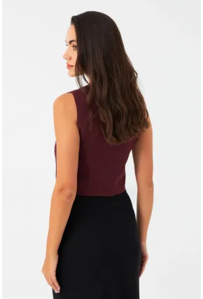 Kadın Bordo Bağlama Detaylı Astarlı Yelek ELA6645