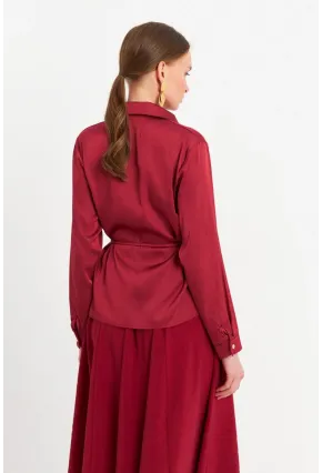 Kadın Bordo Beli Bağlamalı Saten Gömlek MMRS4212