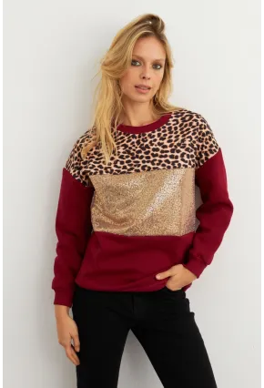 Kadın Bordo Bloklu Sweatshirt MST098