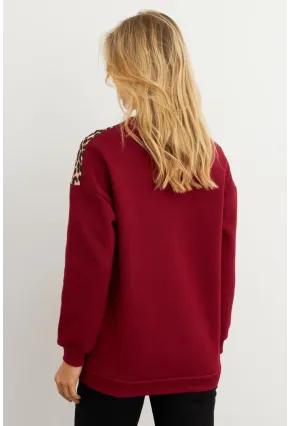 Kadın Bordo Bloklu Sweatshirt MST098