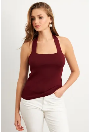 Kadın Bordo Boyundan Bağlamalı Triko Bluz YV356