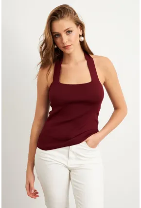 Kadın Bordo Boyundan Bağlamalı Triko Bluz YV356