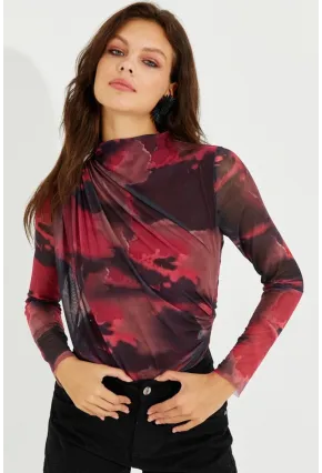 Kadın Bordo Büzgülü Astarlı Tül Bluz LPP1231
