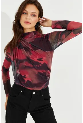 Kadın Bordo Büzgülü Astarlı Tül Bluz LPP1231