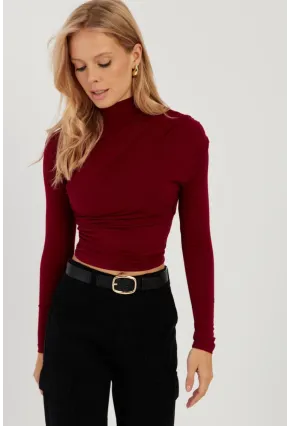 Kadın Bordo Büzgülü Kısa Bluz MEN2023-90