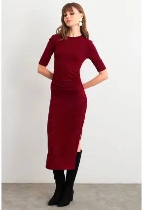 Kadın Bordo Büzgülü Yırtmaçlı Tshırt Elbise FS9594