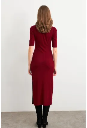 Kadın Bordo Büzgülü Yırtmaçlı Tshırt Elbise FS9594