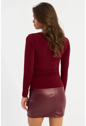 Kadın Bordo Degaje Yaka Büzgülü Bluz FRY2248