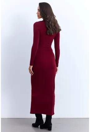 Kadın Bordo Drapeli Maxi Elbise LİK12