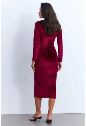 Kadın Bordo Drapeli Midi Elbise MON1113
