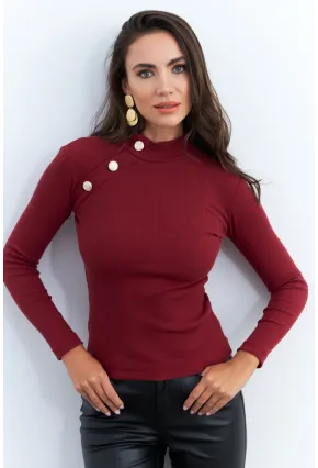 Kadın Bordo Düğme Aksesuarlı Kaşkorse Bluz EY2579