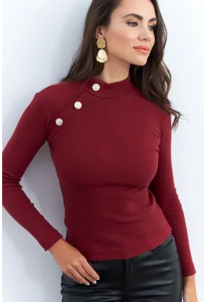 Kadın Bordo Düğme Aksesuarlı Kaşkorse Bluz EY2579