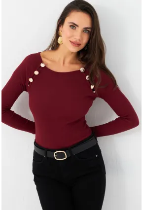 Kadın Bordo Düğme Aksesuarlı Kaşkorse Bluz EY2945