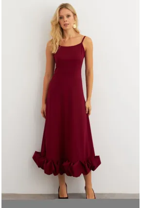 Kadın Bordo Eteği Fırfırlı Şık Maxi Elbise FRY2266