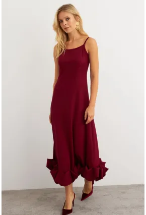 Kadın Bordo Eteği Fırfırlı Şık Maxi Elbise FRY2266