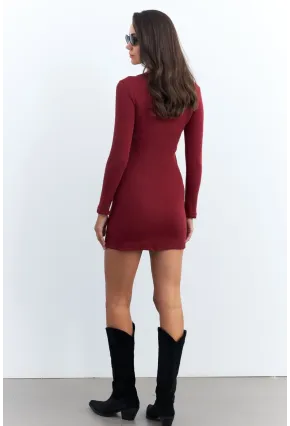 Kadın Bordo Fermuarlı Kaşkorse Mini Elbise EY2530