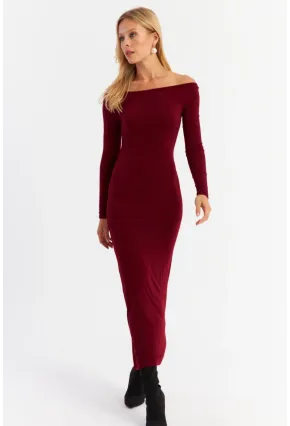 Kadın Bordo Kayık Yaka Maxi Yılbaşı Elbise HOR03