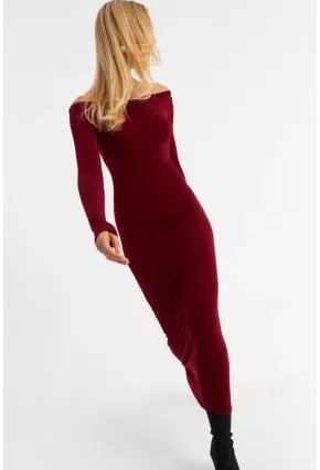 Kadın Bordo Kayık Yaka Maxi Yılbaşı Elbise HOR03