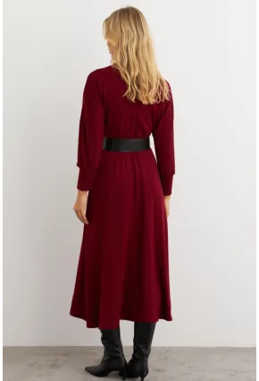 Kadın Bordo Kemerli Balıkçı Yaka Elbise MKSD992