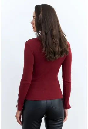 Kadın Bordo Kolları Fermuarlı Kaşkorse Balıkçı Bluz EY2567