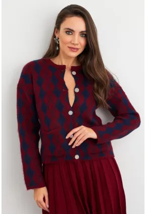 Kadın Bordo-Lacivert Düğme Detaylı Hırka ELT12022