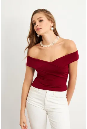 Kadın Bordo Madonna Yaka Crop Bluz VA101