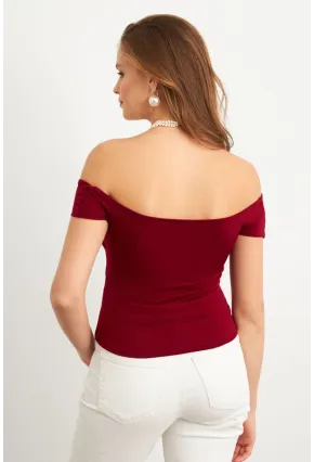 Kadın Bordo Madonna Yaka Crop Bluz VA101