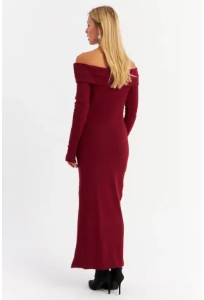Kadın Bordo Madonna Yaka Kaşkorse Maxi Elbise HOL1