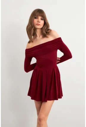 Kadın Bordo Madonna Yaka Midi Elbise MON1262