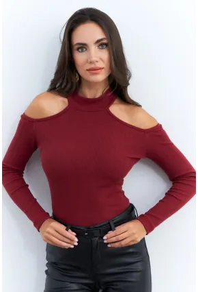 Kadın Bordo Omuzları Açık Kaşkorse Bluz EY2590