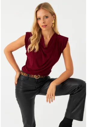 Kadın Bordo Omuzları Vatkalı Degaje Bluz ELT3234