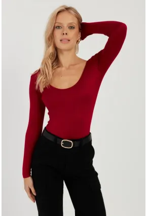 Kadın Bordo Ön Arka U Yaka Bluz LPP1265