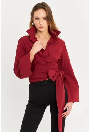 Kadın Bordo Önü Bağlamalı İspanyol Kol Gömlek MON142