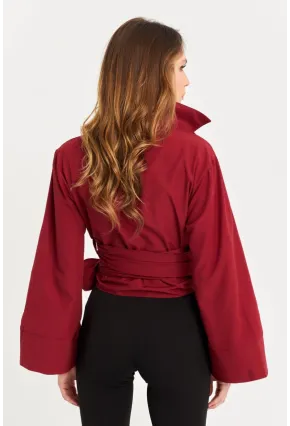 Kadın Bordo Önü Bağlamalı İspanyol Kol Gömlek MON142