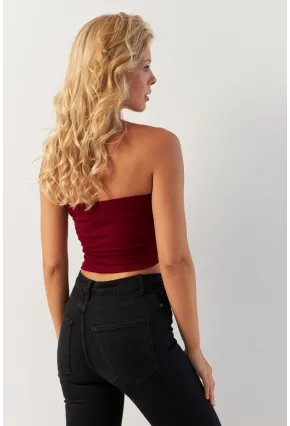 Kadın Bordo Önü Büzgülü Crop Bluz MON138