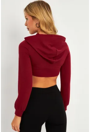 Kadın Bordo Pencereli Kapüşonlu Crop Bluz TF08