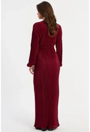 Kadın Bordo Pilise Maxi Elbise MGÇ192