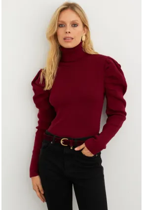 Kadın Bordo Prenses Kol Balıkçı Yaka Triko Bluz SF2555