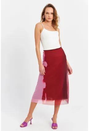 Kadın Bordo-Pudra Kontrast Renkli Tül Etek ZH11