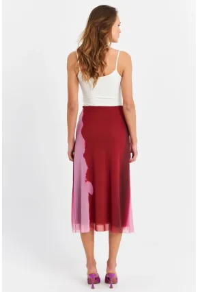 Kadın Bordo-Pudra Kontrast Renkli Tül Etek ZH11