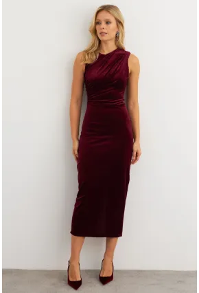 Kadın Bordo Simli Drapeli Maxi Elbise KED4481