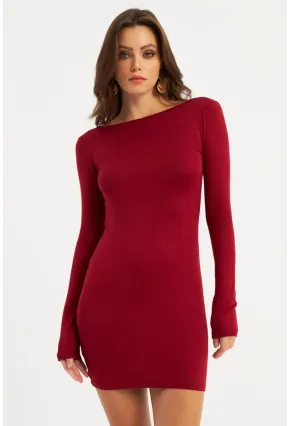 Kadın Bordo Sırt Dekolteli Mini Elbise HOR36
