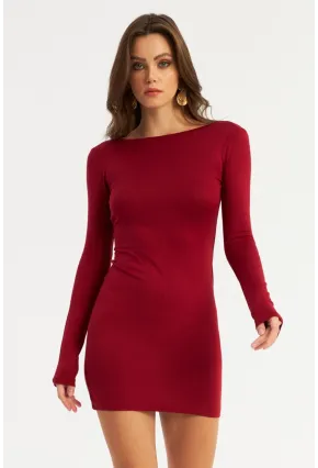 Kadın Bordo Sırt Dekolteli Mini Elbise HOR36