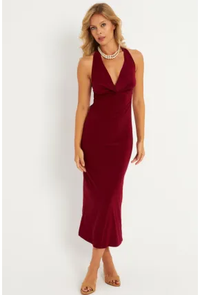 Kadın Bordo Sırtı Açık Degaje Midi Yılbaşı Elbise GÇ177