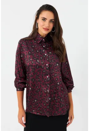Kadın Bordo-Siyah Leopar Desenli Saten Gömlek MRAD5901-1