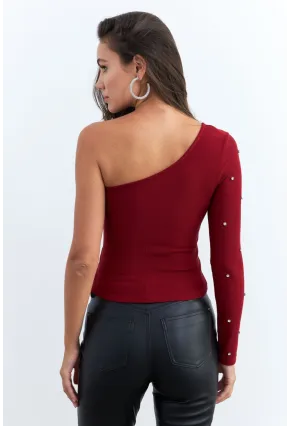 Kadın Bordo Taşlı Tek Kol Crop Bluz HOL2