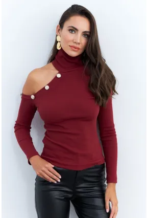 Kadın Bordo Tek Omuz Açık Kaşkorse Balıkçı Bluz EY2947