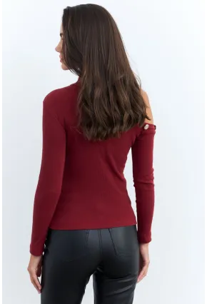 Kadın Bordo Tek Omuz Açık Kaşkorse Balıkçı Bluz EY2947